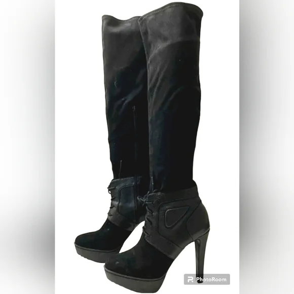 Jlo Vivah Black over the Knee Platform Boots with lace up front Size 7 1/2 M - Picture 2 of 16